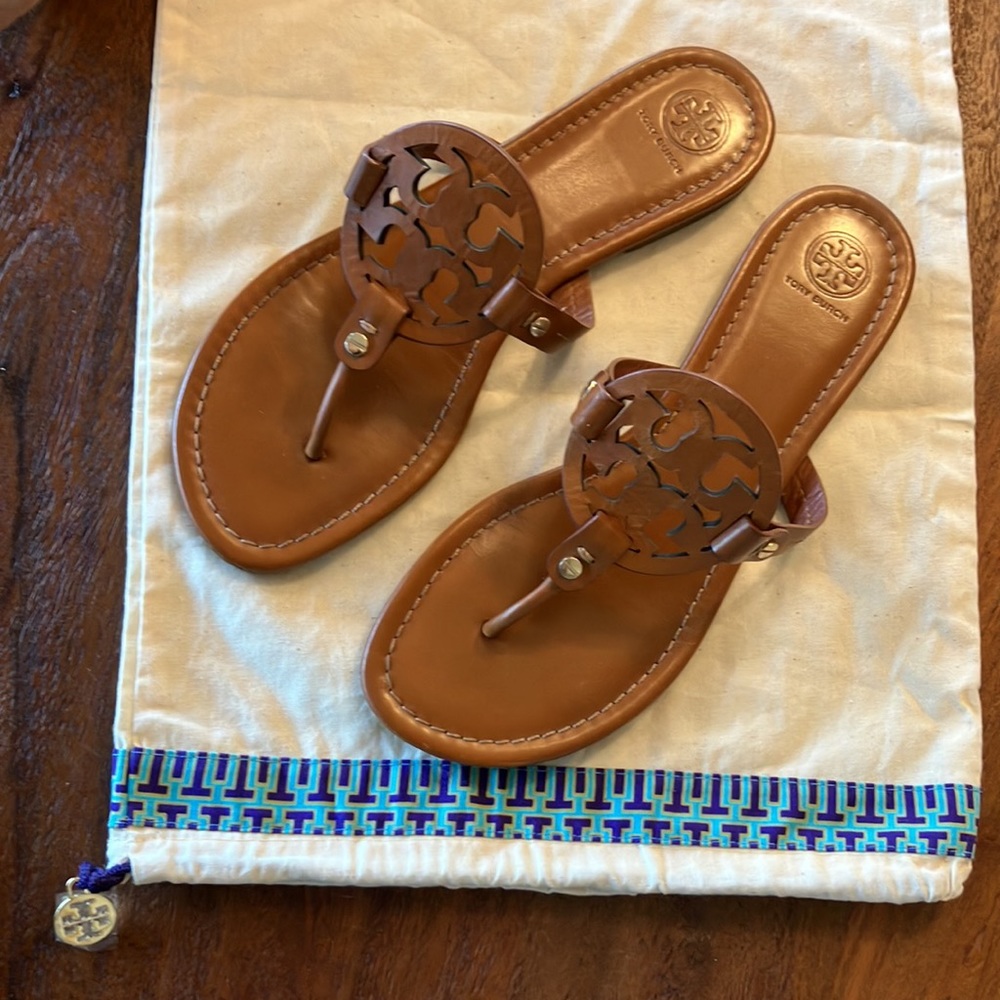 TORY BURCH Miller Sandals Sz 10 in Brown Vintage Vachetta Leather barely…